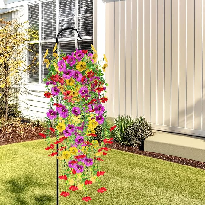 Artificial Fake Hanging Flowers Plants for Outdoor Spring Summer Decoration, 4pcs Faux Silk Realistic UV Sun Resistant Daisy for Outside Porch Patio Window Box Yard Home Decor (Colorful Mix)