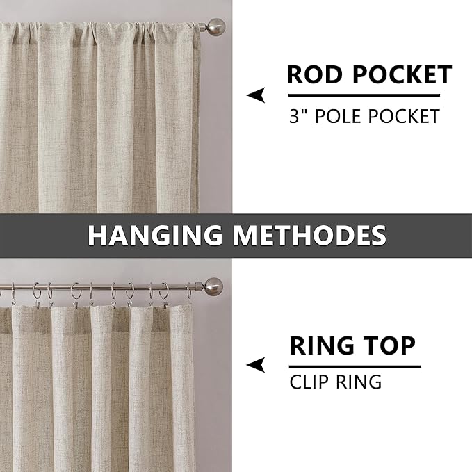 Tollpiz Short Linen Curtain Living Room Rod Pocket Semi Sheer Curtains Burlap Light Filtering Thick Linen Drape for Bedroom, 54 x 45 inches Long, Natural, Set of 2 Panels