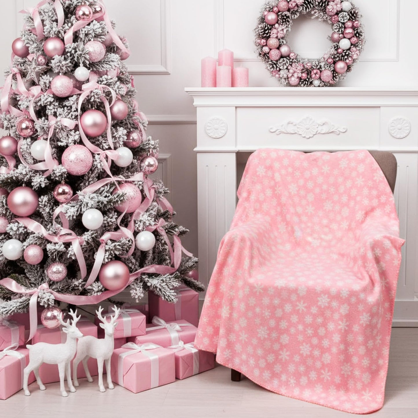 Moukeren 24 Pcs Christmas Snowflake Throw Blanket Bulk, 59 x 47 Inch Xmas Winter Throw Blanket Christmas Warm Soft Cozy Fleece for Home Bedding Couch Chair Gift (Pink)