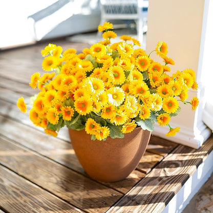 HyeFlora Dahlia Artificial Fall Flowers for Outdoors Autumn Decoration, 6 Bundles Fake Mums Yellow Faux Flowers Plants Realistic UV Resistant Silk Flowers for Outside Planter Front Door Yard Garden