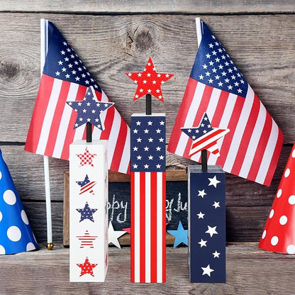 COCHIE 4th of July Decorations Set, Red White Blue Decor, Wooden Patriotic Memorial Day Tiered Tray Decor, Labor Day Decorations, Fourth of July Decoration for Home Office Table (Flag Cute)