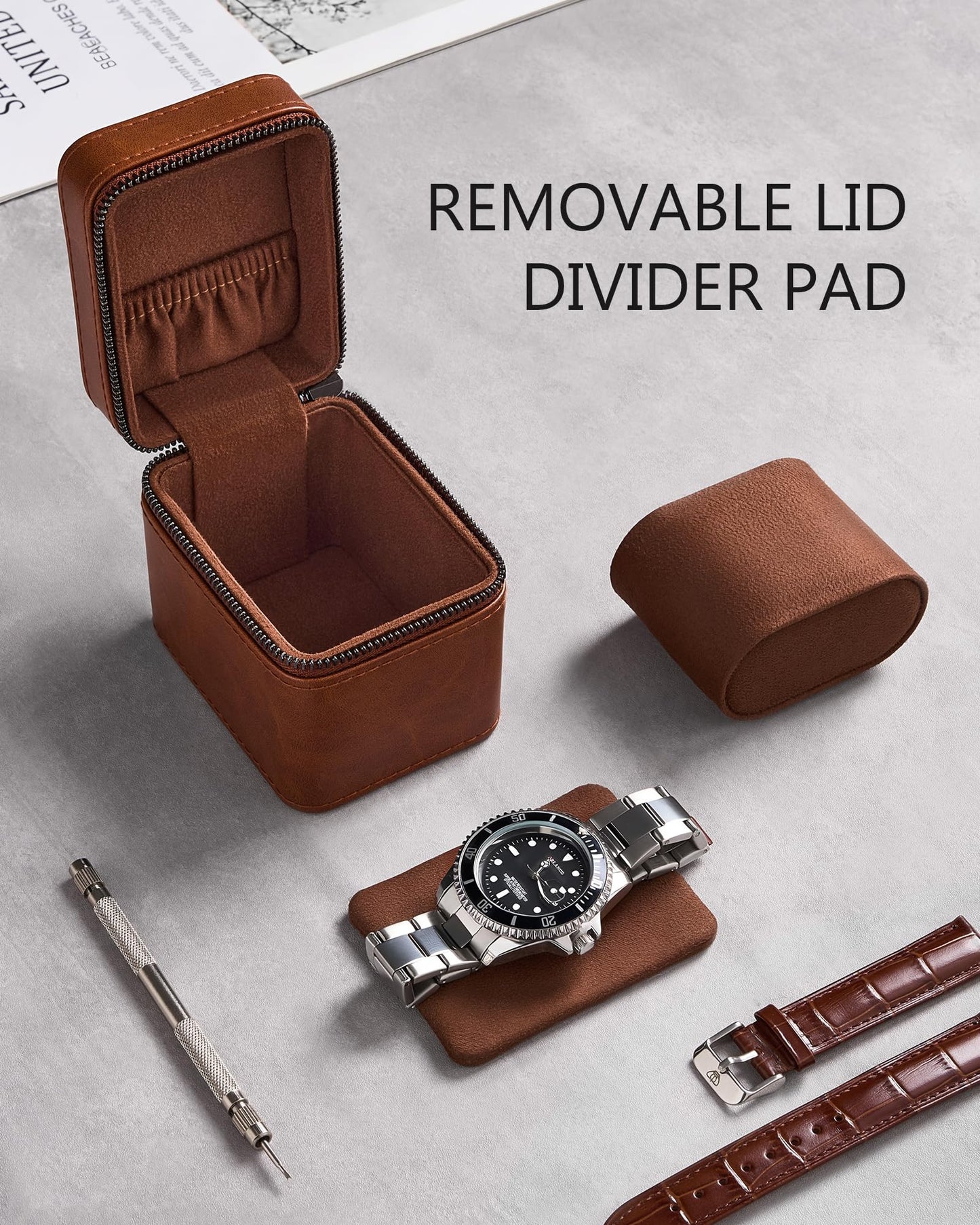 ProCase Single Watch Travel Case for Men, PU Leather Portable Watch Holder, Compact Small Carrying Storage Box for Luxury Watches & Smartwatches with Jewelry Compartment, Fathers Day Gift -Brown