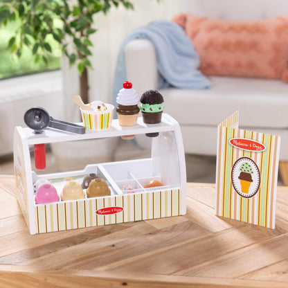 Melissa & Doug Wooden Scoop & Serve Ice Cream Counter, Pretend Play Store, 28 Toy Food & Play Kitchen Accessories, Preschool Toys for Girls & Boys 3+