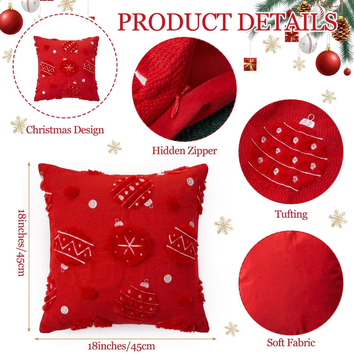 Tiamon 4 Pcs Christmas Throw Pillow Covers 18 x 18 Inch 3D Embroidered Plush Green Red Pillow Cases Christmas Tree Poinsettia Fluffy Faux Fur Cushion Covers for Sofa Couch Winter Holiday Party Decor