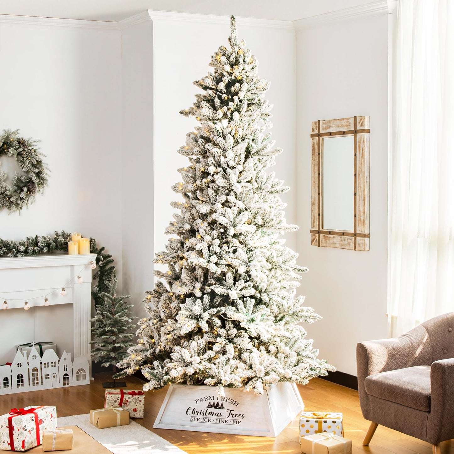 Glitzhome 26 inch Wooden Trapezoid Christmas Tree Collar, Washed White Farmhouse Stand Cover for 9ft Holiday Decor, Rustic Ring for Artificial or Real Trees, Easy Assembly & Storage