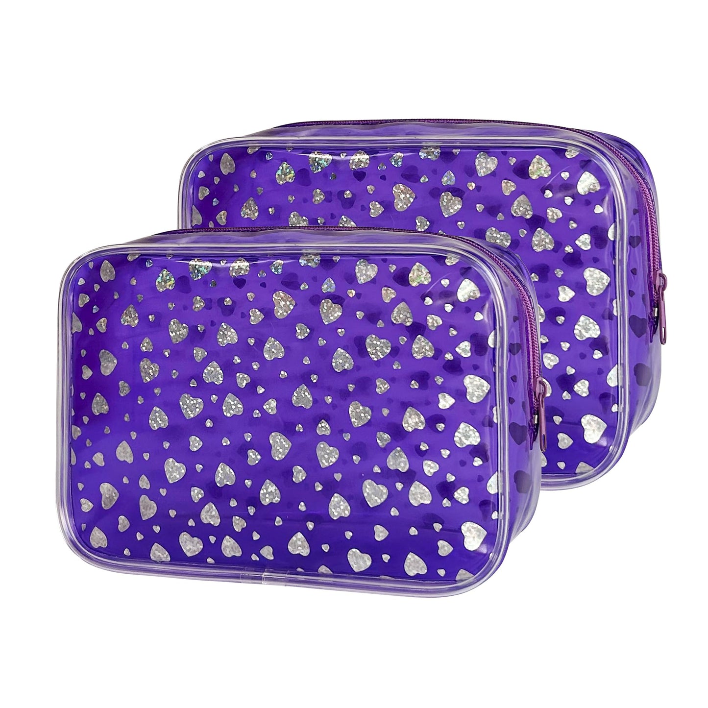 TotePrint Neon 2set TSA Approved Clear Toiletry Pouch, 7"x2.3"x4.7" Size, PVC Travel Makeup Bags for Toiletries, Transparent Cosmetic Bag for Women and Men Small (Heart +Purple)