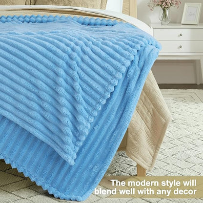 decorUhome Soft Fleece Blue Blanket Queen Size for Bed, Cozy Fluffy Plush Flannel Large Striped Throws for Couch Sofa, Lightweight Decorative Fuzzy Blanket for Woman, 90x90 Inches