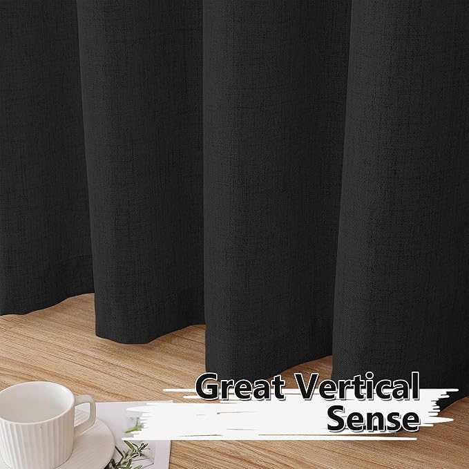 Tollpiz Short Linen Curtain Living Room Rod Pocket Semi Sheer Curtains Burlap Light Filtering Thick Linen Drape for Bedroom, 54 x 45 inches Long, Black, Set of 2 Panels