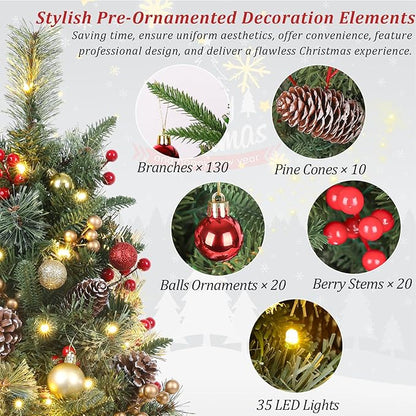 Set of 2 Outdoor Pathway Christmas Trees, 30in Artificial Xmas Tree with 35 LED Lights, 8 Lighting Modes & Timer, Red & Gold Berries, Ball Ornaments, Holiday Décor for Driveway, Porch, Yard