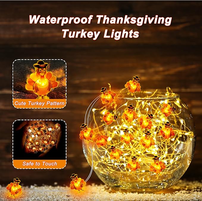 2 Pack Thanksgiving Decorations Turkey String Lights, Total 60LED/20Ft Thanksgiving Lights Battery Operated Turkey Lights Copper Wire Fairy Lights for Party Home Indoor Decor