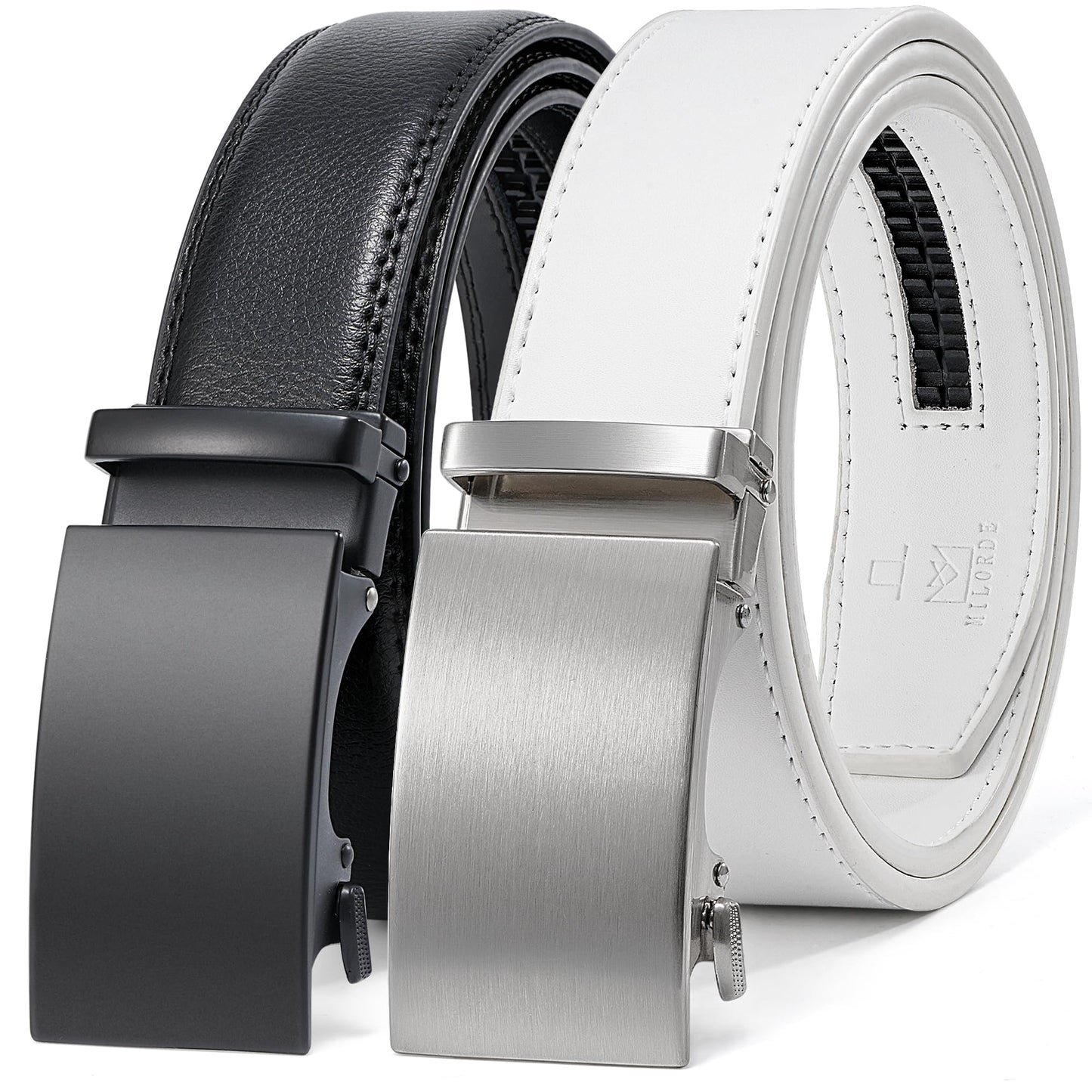 MILORDE Men's Leather Ratchet Belt - 35mm - Customizable Fit(2pack-Black/White,32" to 38" Waist Adjustable)