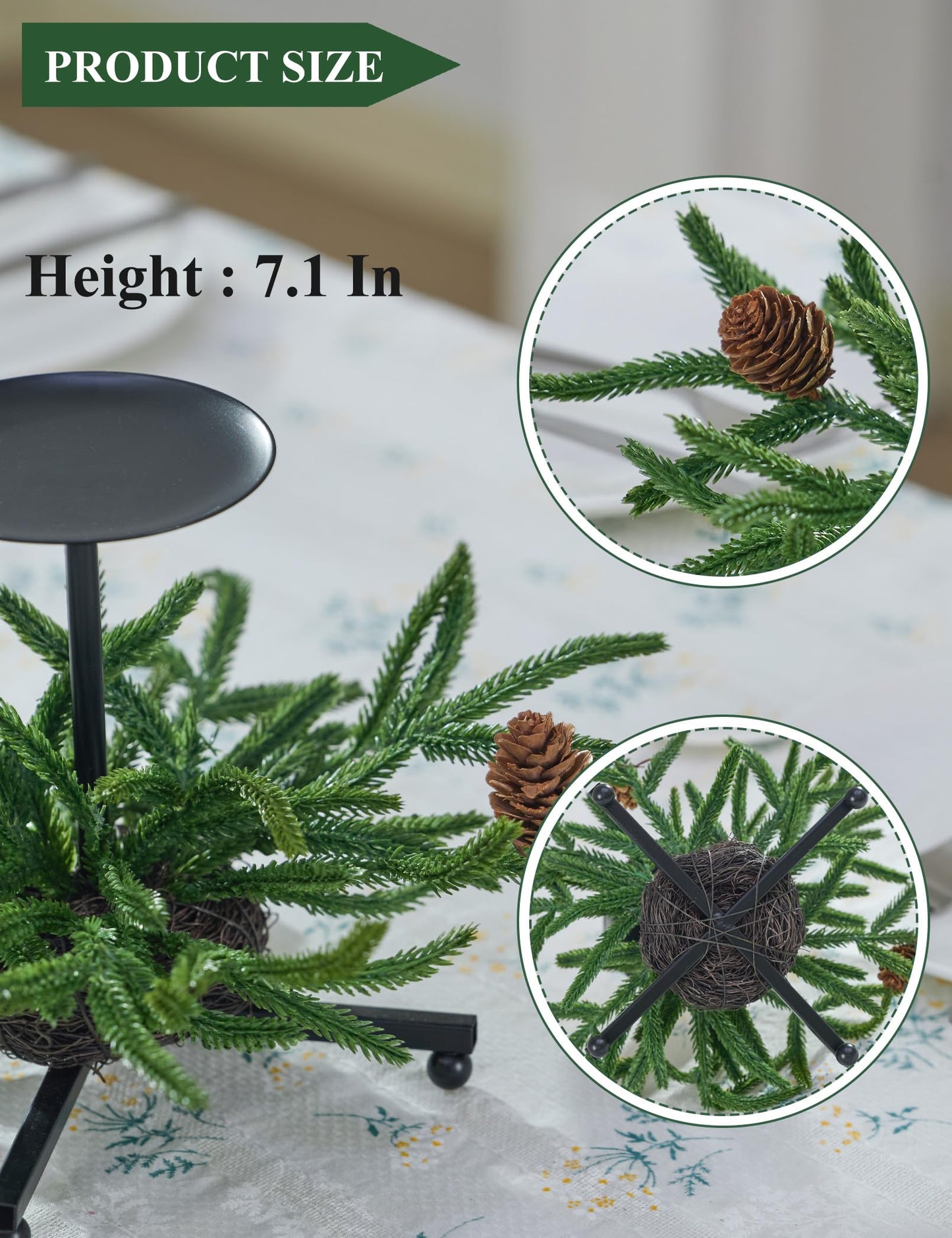 Heleze Christmas Candle Holder Set of 3, Black Iron Candle Tray Holders with Norfolk Pine Pinecones, 7.1 Inch Decorative Metal Stand for Table Centerpiece Mantle Xmas Decor
