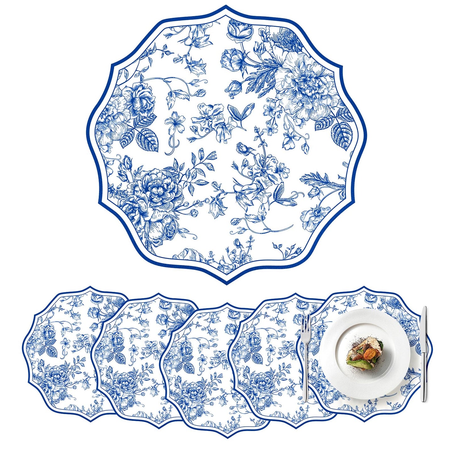 Blue Floral Faux Leather Placemats Set of 6 Round Scalloped Chinoiserie Placemats 13 Inch Waterproof Flower Table Mats Heat Resistant for Dinner Table Setting Wedding Bridal Shower Party Decor