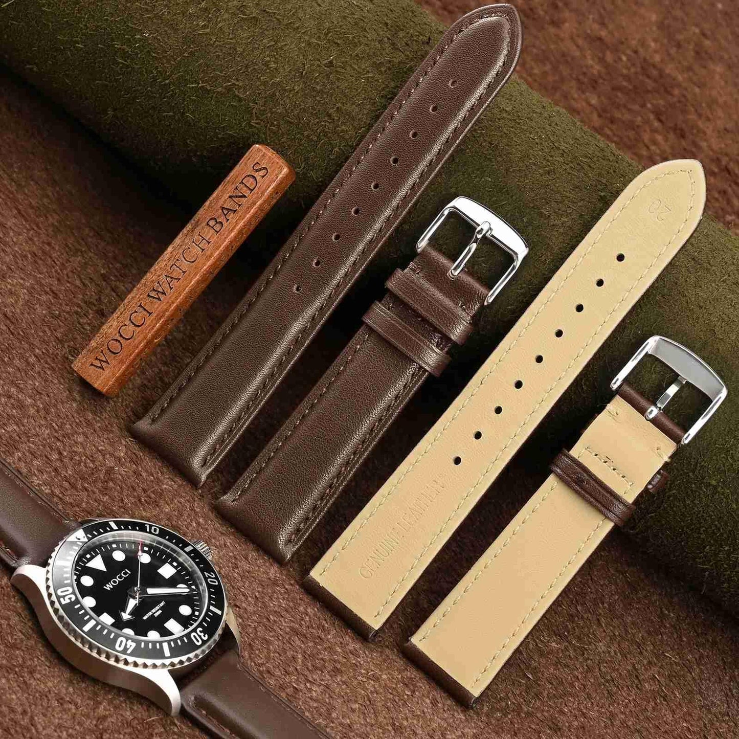 WOCCI 18mm Vintage Leather Watch Band for Men and Women, Silver Buckle (Dark Brown)