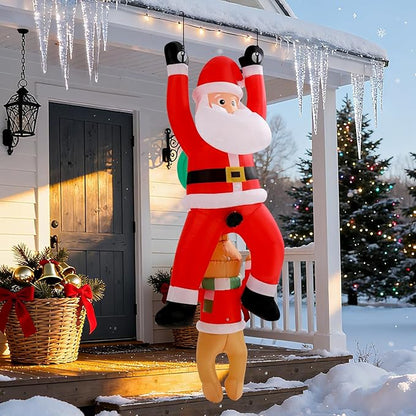6FT Hanging Christmas Inflatables Outdoor, Climbing Santa with Dog Blow Up Roof Decor, Funny Built-in LED Lights Xmas Inflatable for Window Eaves Garden Yard Holiday Decorations