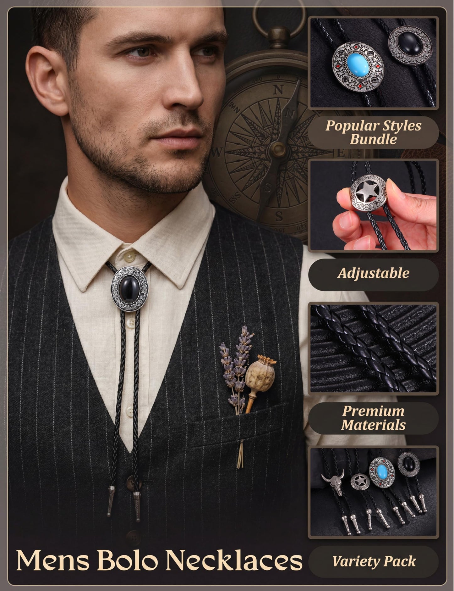 Kakonia Bolo Tie for Men Cowboy Cowgirl Costume Leather Necktie Western Necklace Turquoise Native American Bolo Tie Wedding Accessories for Men Women