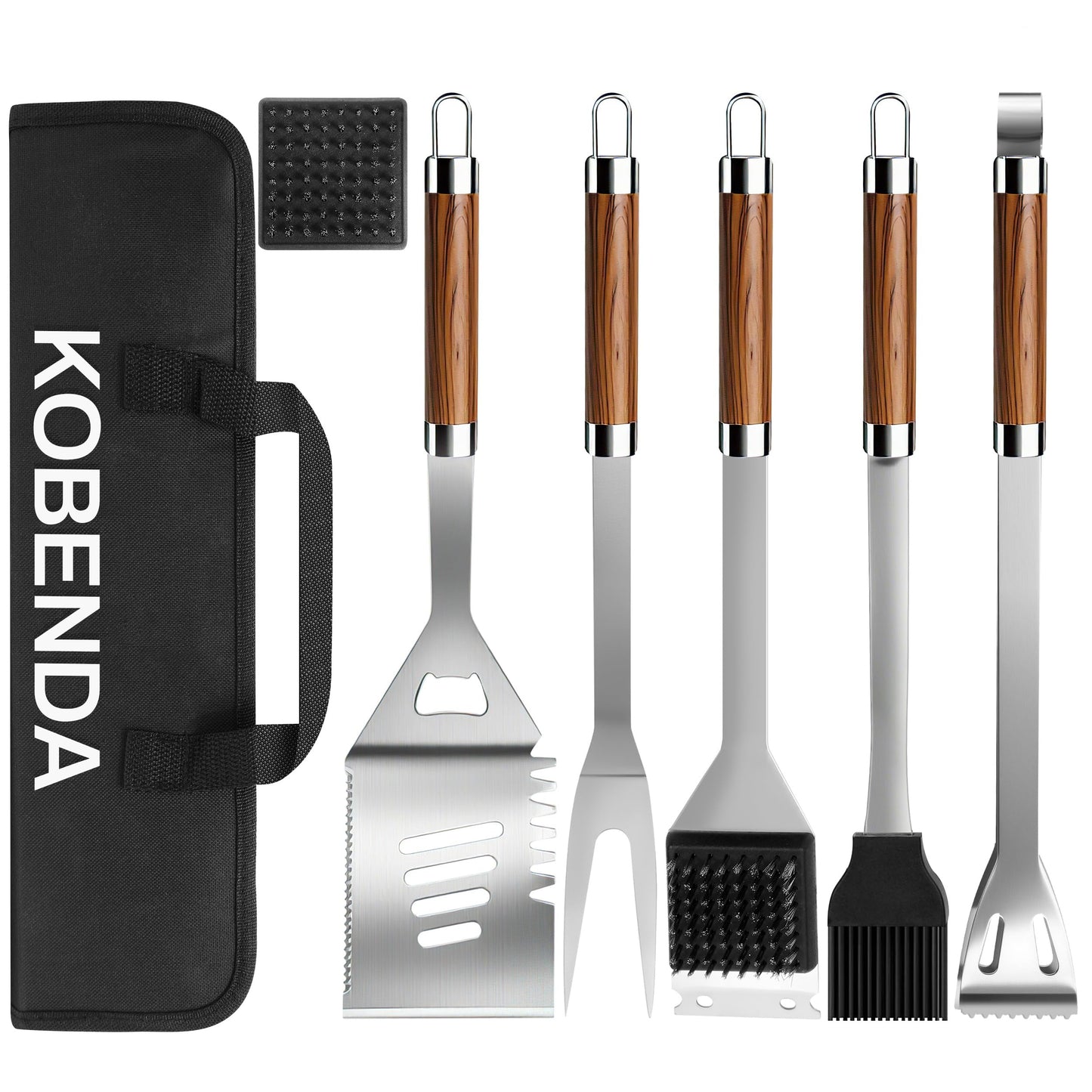 KOBENDA BBQ Grill Accessories, Stainless Steel Grilling Set with Storage Bag, Spatula, Fork, Cleaning Brush BBQ Accessories, Grill Tools Set for Outdoor Cooking Camping, Grilling Gifts for Men