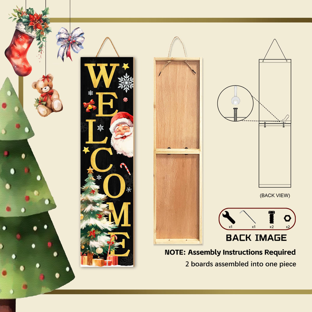 Christmas Wooden Porch Sign 31.5" Santa Welcome Porch Sign with Stars, Snowflakes, and Gift Accents for Home Front Door Yard Party Decor