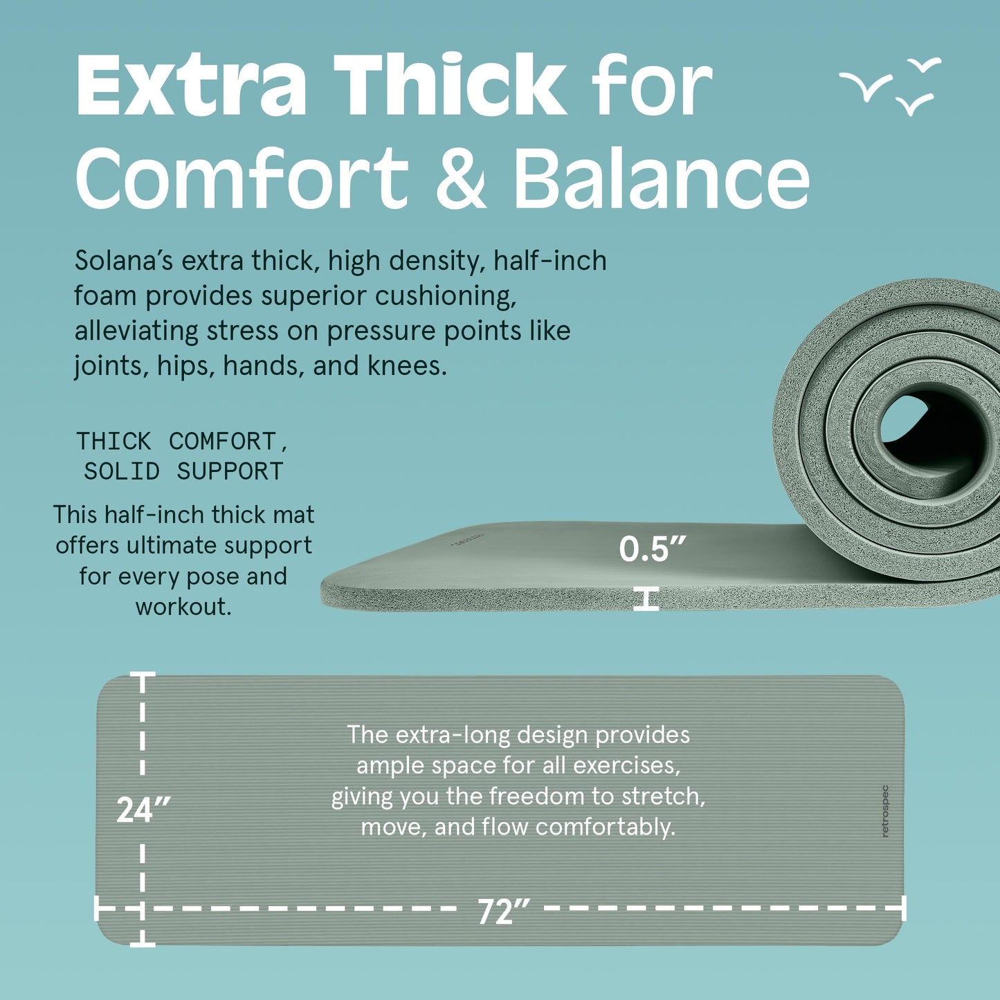 Retrospec Solana Yoga Mat 1/2" Thick w/Nylon Strap for Men & Women - Non Slip Exercise Mat for Yoga, Pilates, Stretching, Floor & Fitness Workouts