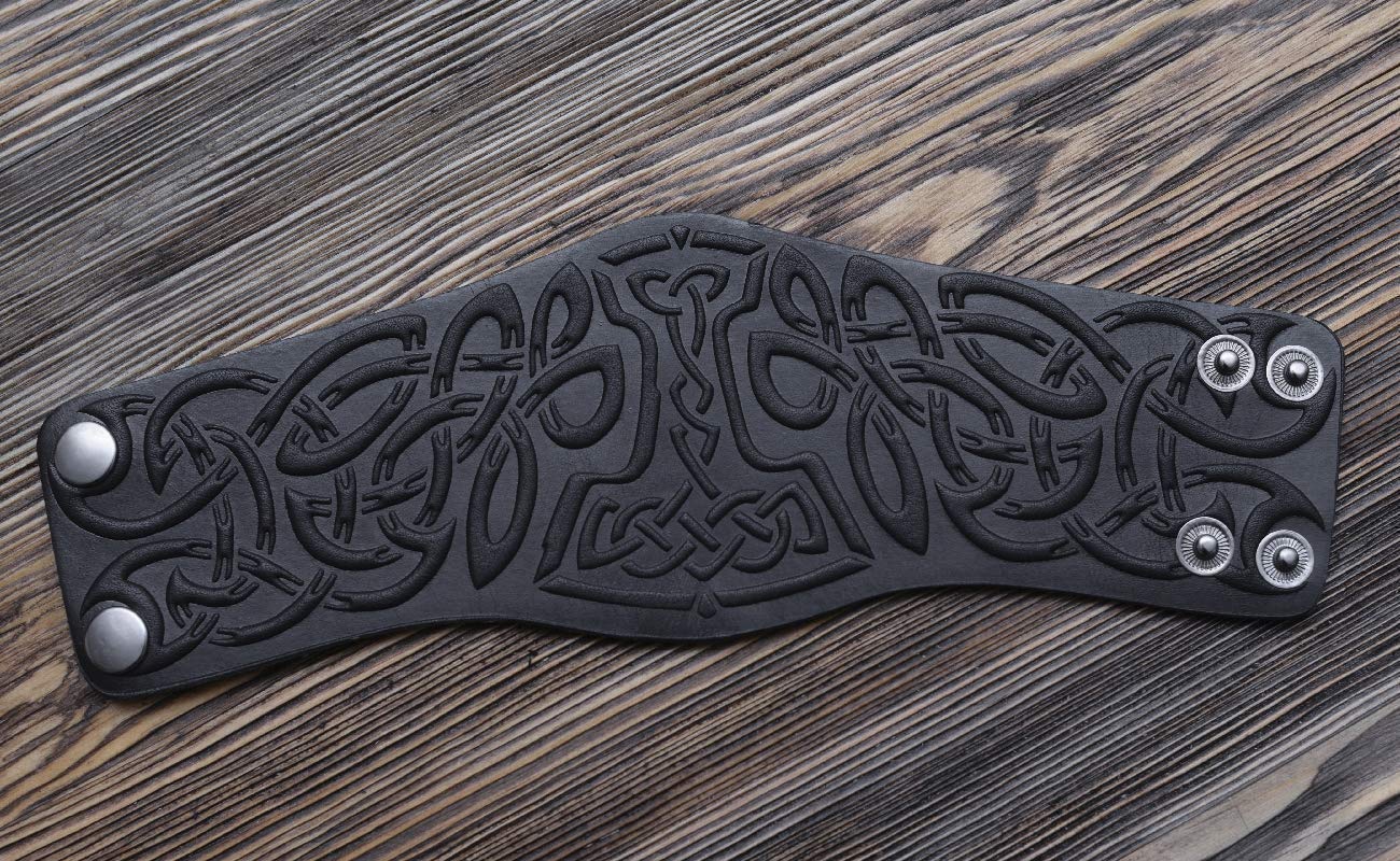 Stahlgilde 100% Real Leather Viking Cuff Bracelet - Handmade Mjolnir Thor's Hammer Black Wristband - Gift for Men Women - Genuine Leather Viking Punk Lv Axe Сuffs - Size M for wrist 6.5"-7.5" 90mc