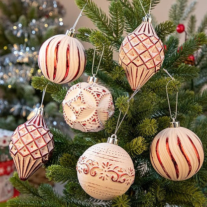 16PCS Shatterproof Christmas Ball Ornaments Set, Hand-Painted Holiday Decor with Assorted Sizes & Designs for Christmas Tree Thanksgiving Party Decoration, Red-White