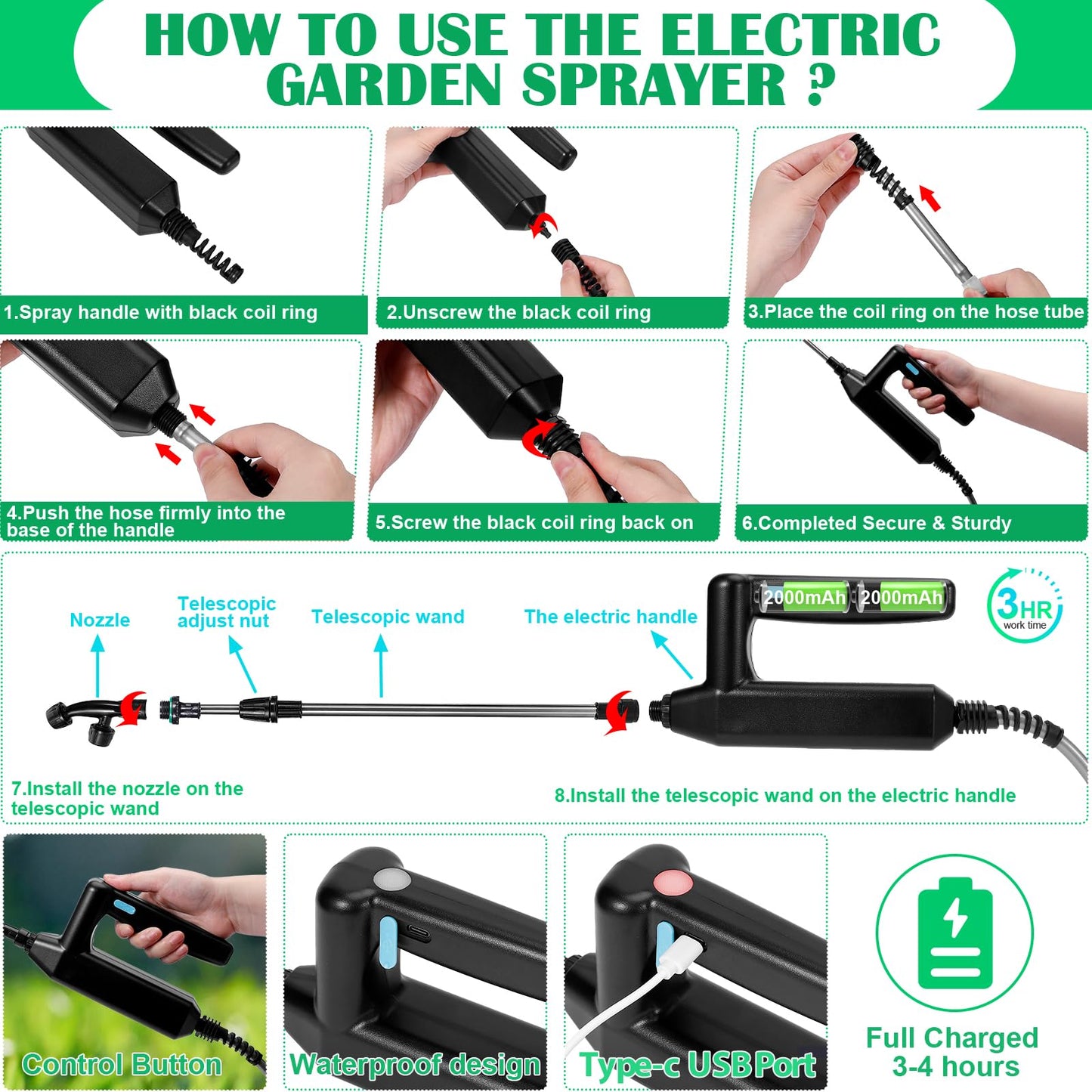 WYRJXYB Battery Powered Sprayer 2 Gallon, Upgrade Electric Garden Sprayer with 4 Mist Nozzles,USB Rechargeable Handle,31in Telescopic Wand,1 Glove,Portable Garden Sprayer for Yard Lawn Garden Watering