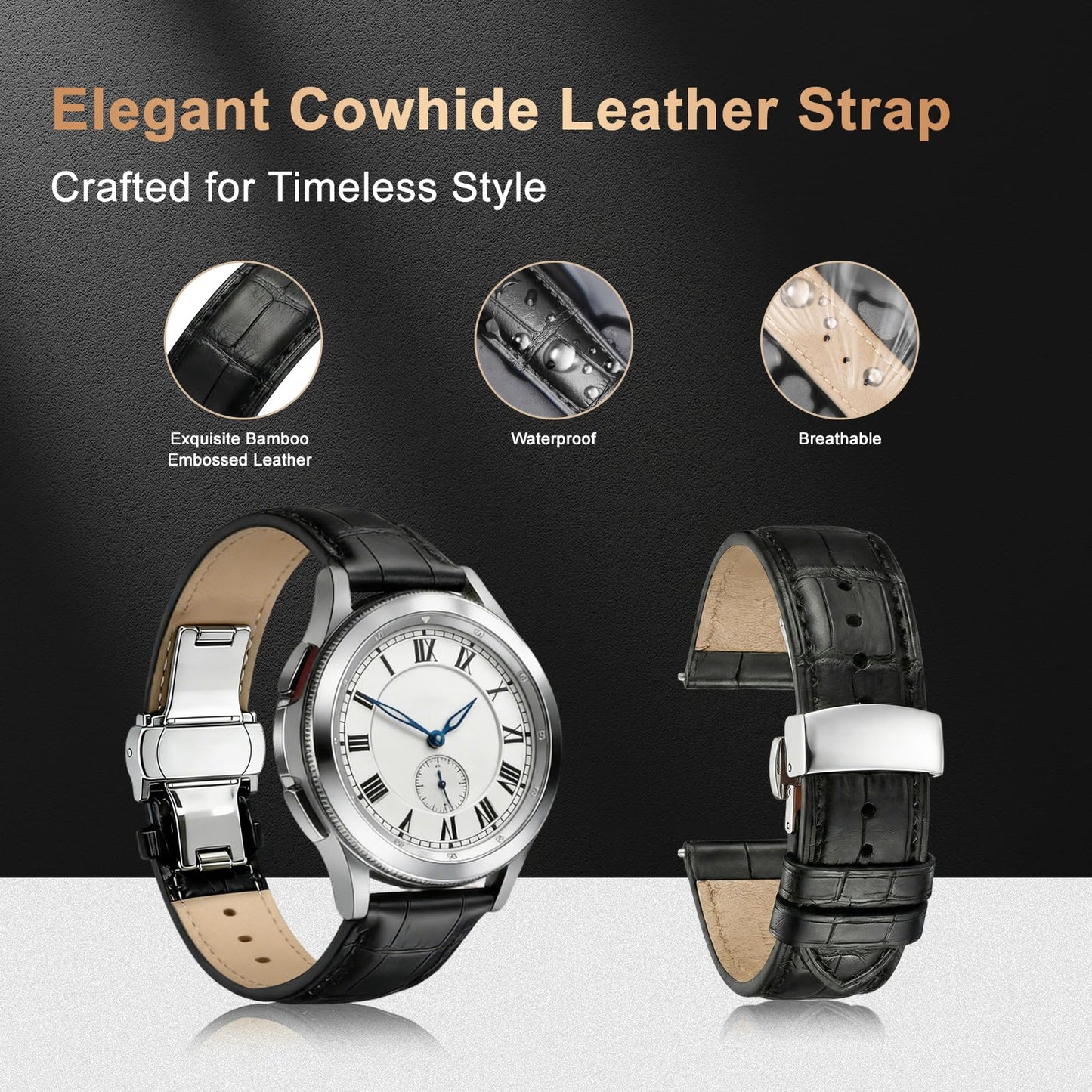 EREBUSE Genuine Leather Watch Strap 18mm 20mm 22mm, Classic Replacement Watch Band for Men Women, Soft Padded Cowhide with Silver Butterfly Deployment Clasp