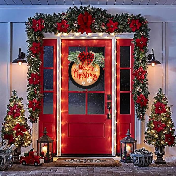 HOMCDALY Merry Christmas Welcome Sign for Front Door, Winter Merry Christmas Wreath with Light, Farmhouse Door Decoration Wooden Hanging Sign, Christmas Decoration (F-Xmas-Black)