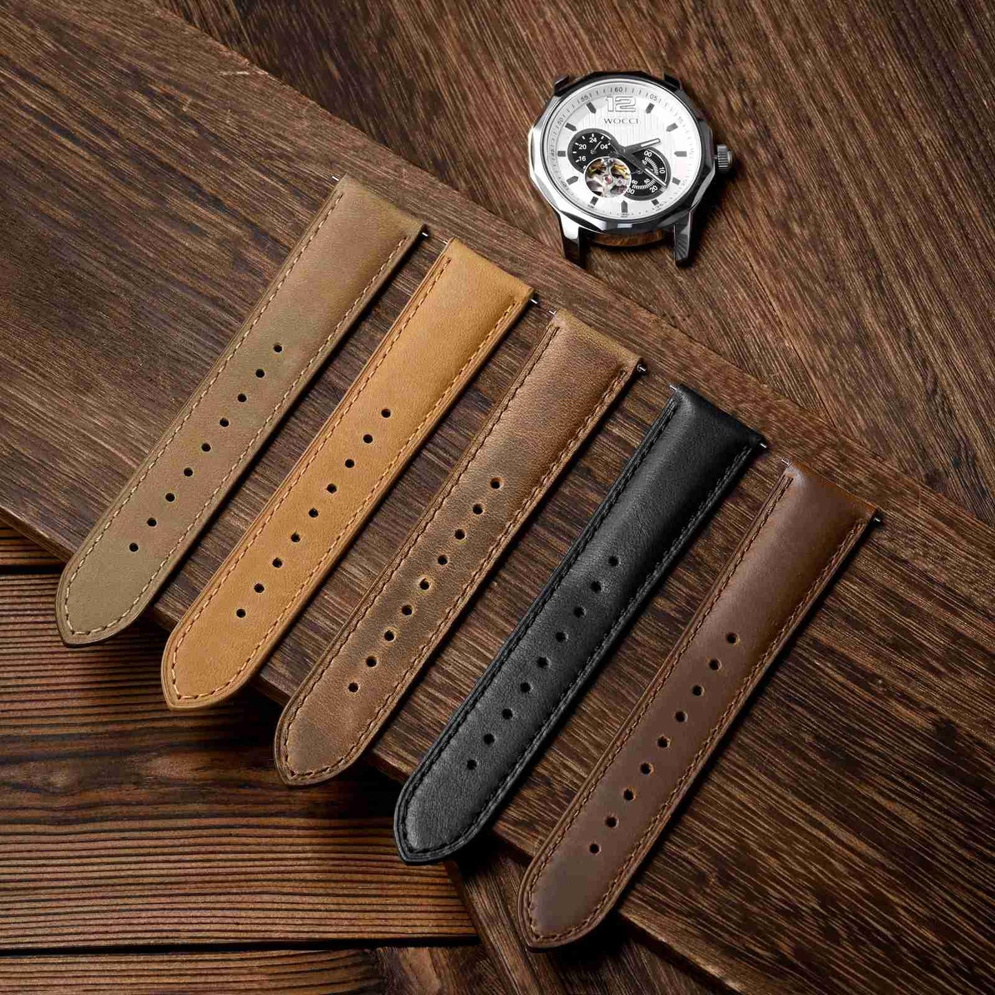 WOCCI 18mm Watch Band, Genuine Leather, Quick Release Replacement Strap, Black Buckle (Black)
