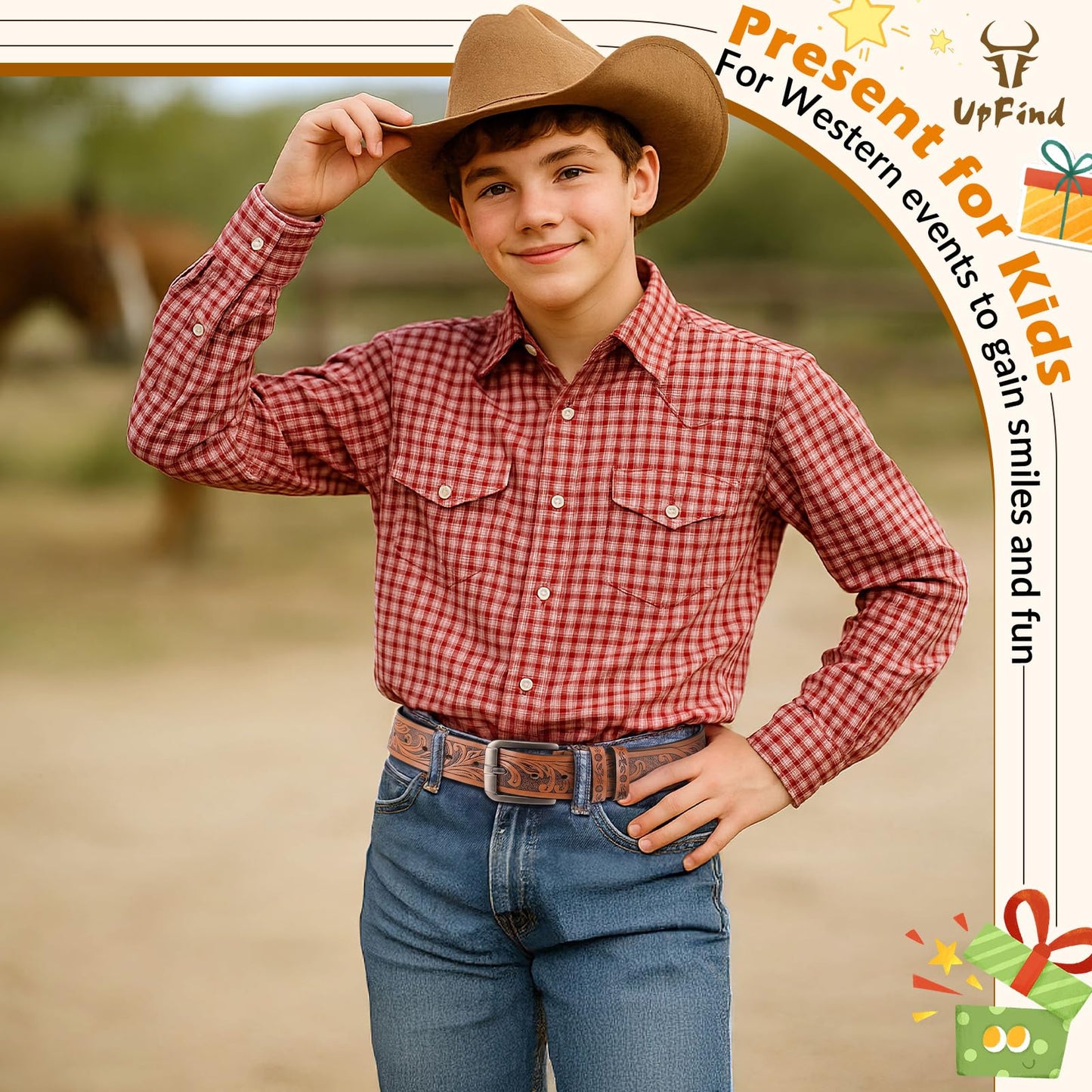 UpFind Boys Western Leather Belt Engraved Kids Cowboy Belt with Pin Buckle for Jeans Pant School Uniform Dress Up, 1.5" Wide