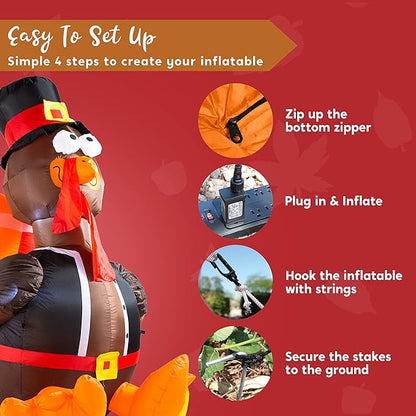 Joiedomi 6 FT Thanksgiving Inflatable Turkey Decorations, LED Light Up Turkey with Pilgrim Hat, Blow Up Decor for Thanksgiving Outdoor Decorations, Halloween Inflatable for Yard Garden