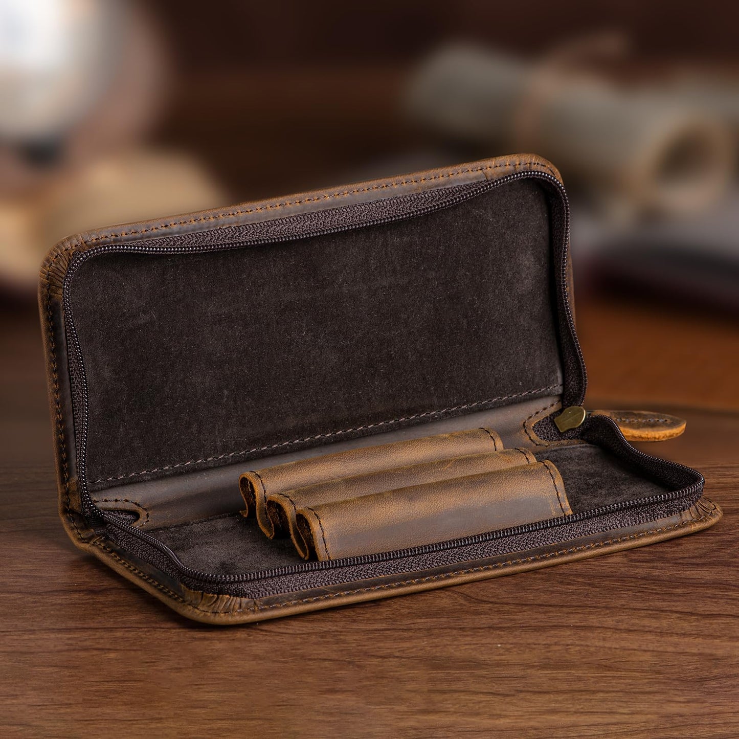 Asvine Fountain Pen Case 3 Divided Slots Crazy Horse Leather Pen Holder, Handmade Display Zippered Pouch for Rollerball Pen-Retro
