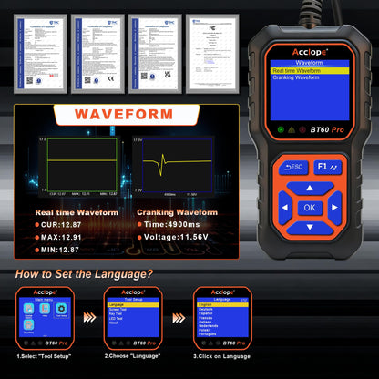 Acclope BT60 PRO Car Battery Tester 6V/12V/24V, 2-120Ah, 100-3000 CCA, Alternator & Starter/Charging System Analyzer, Automotive Load Test, QR Cloud Report (No App), for Car Truck Motorcycle Marine/RV