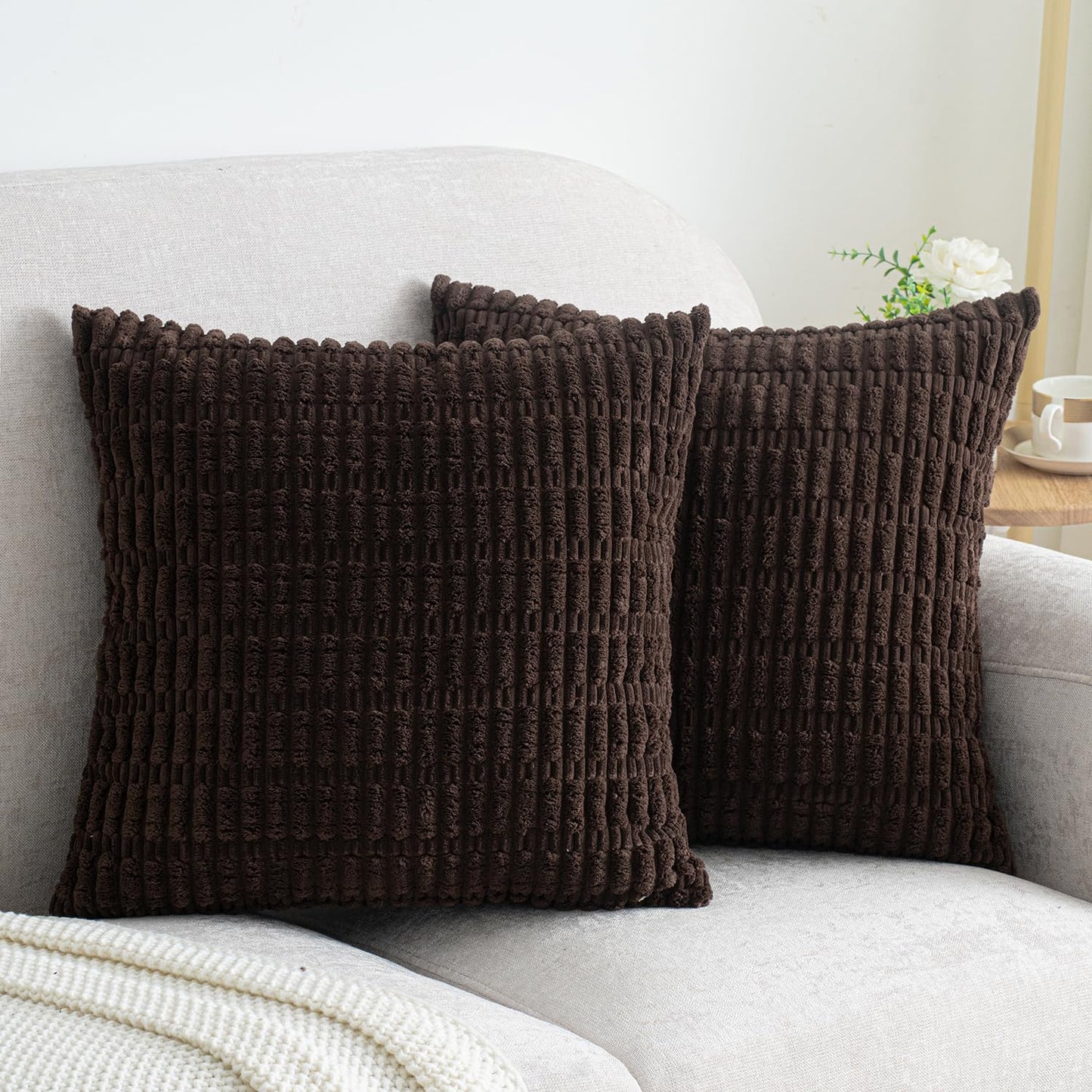 Smile of hope Pack of 2 Corduroy Decorative Throw Pillow Covers 18x18 Inch Soft Boho Striped Pillow Covers Modern Farmhouse Home Decor for Sofa Living Room Couch Bed Dark Brown