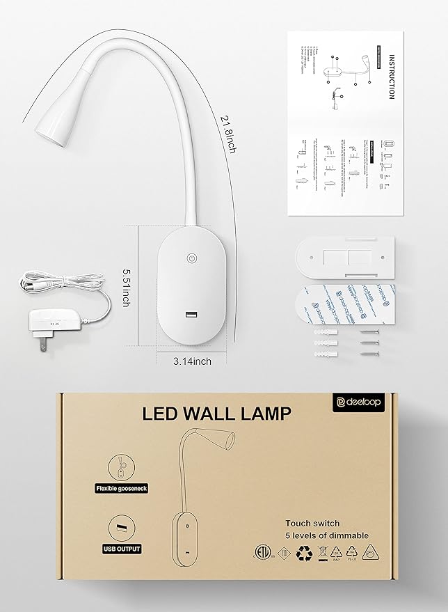 deeloop LED Wall Mount Reading Light for Bed, Reading Lamp with USB Output 5 Brightness Levels Touch Control Book Lights, 4000K Bedside Lamp Flexible Gooseneck, 2 Easy Install Options