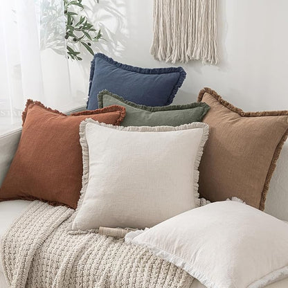 MIULEE Christmas Decorative Throw Pillow Covers Neutral Linen Fringe Throw Pillows Set of 2 Indigo Blue Boho Farmhouse Cushion Covers Coastal Decor for Couch Sofa Bed Living Room Decor 12x20 Inch