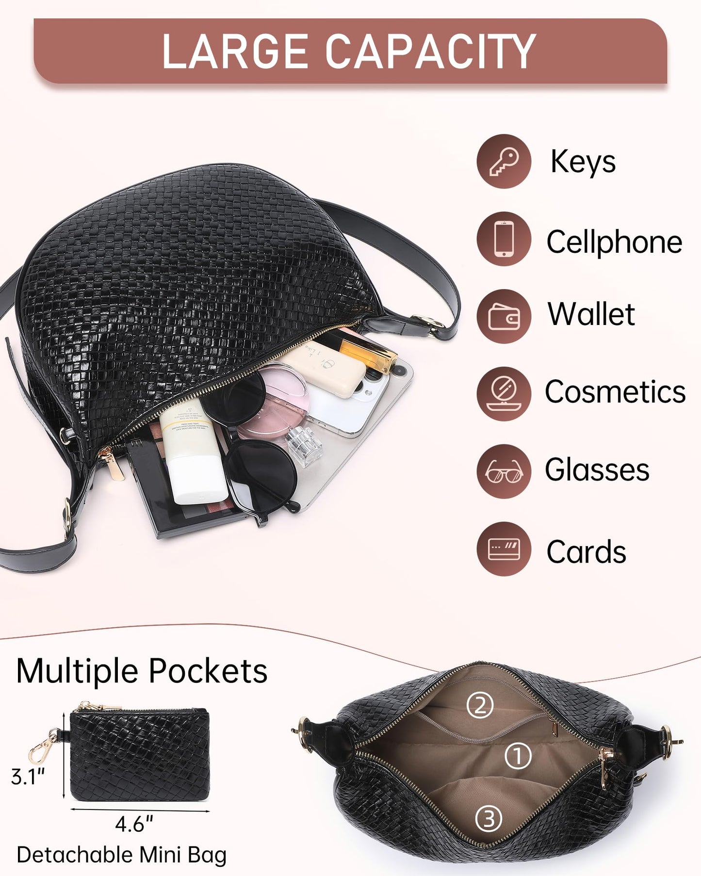 Purses for Women Woven Crescent Shoulder Bag 2PC Vegan Leather Hobo Crossbody Handbag with Small Matching Bag