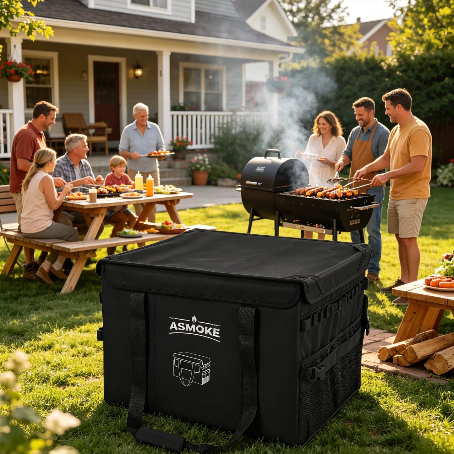 ASMOKE Essential Storage Bag - Custom Fit Grills & BBQ Accessories, Weather-Resistant, Multi-Compartment Design with Carrying Handles, Foldable for Compact Storage