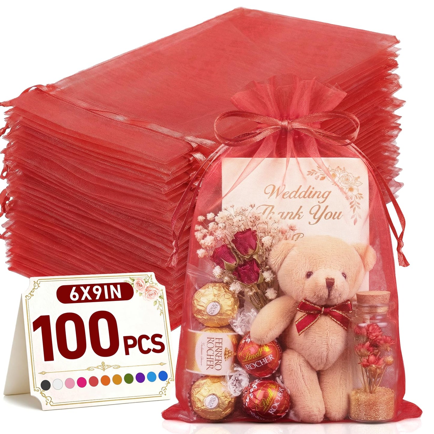 FUNFERY 100 PCS Organza Bags 6x9 in, Red Mesh Gift Bags with Drawstring, Bulk Clear Gift Bag for Wedding Party Favors Treats, Large Mesh Goodies Bag for Christmas, Drawstring Pouch for Jewelry