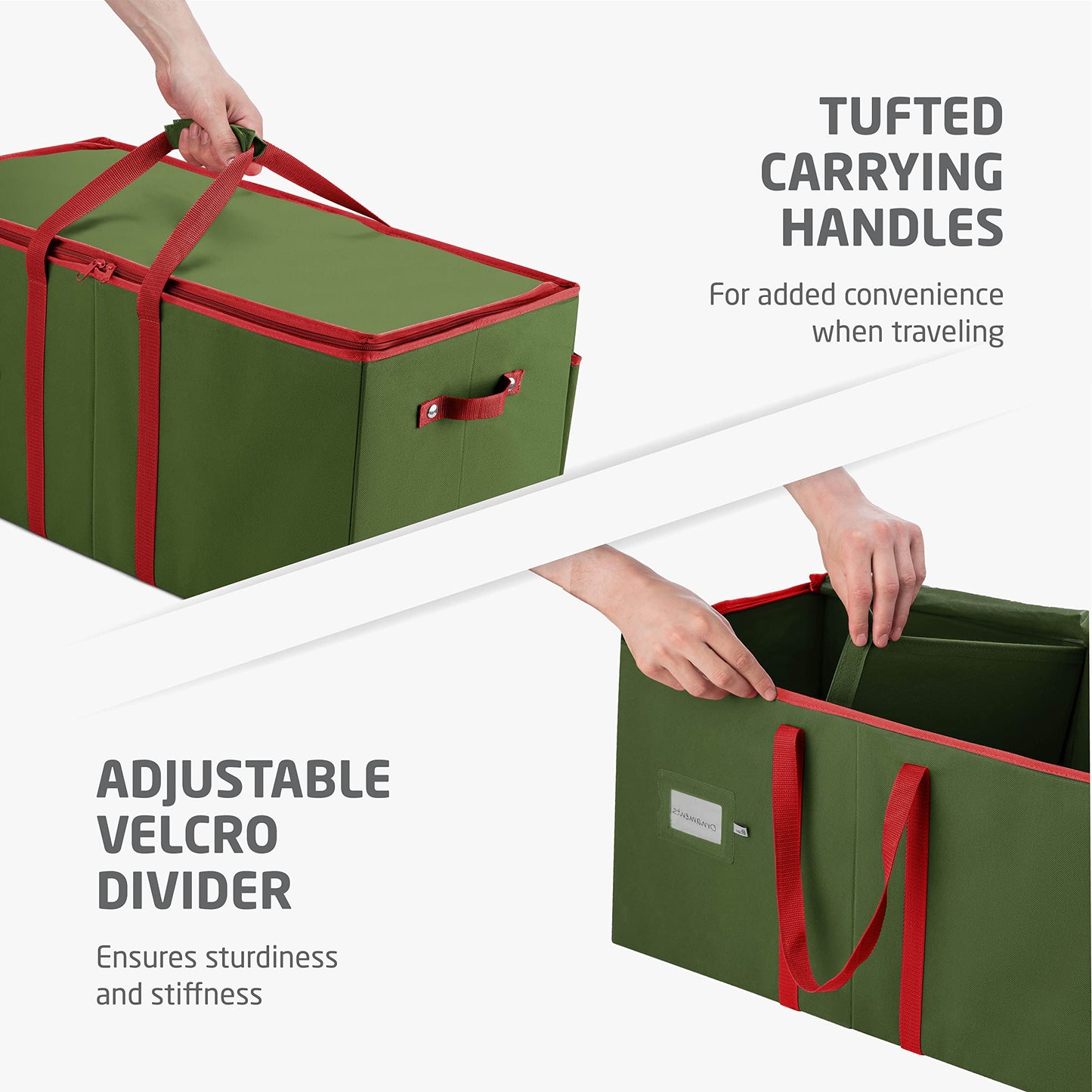 ZOBER Large Christmas Ornament Storage Box - Stores 80 3" Ornaments, With Dividers - With Large Compartment for Figurines, and Accessories, Durable Christmas Containers Holder, 4 Extra Pockets - Green