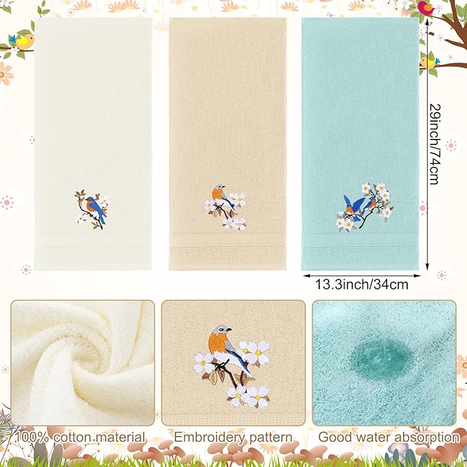 Bird Floral Hand Towels Farmhouse White Light Brown Turquoise Bird Bathroom
