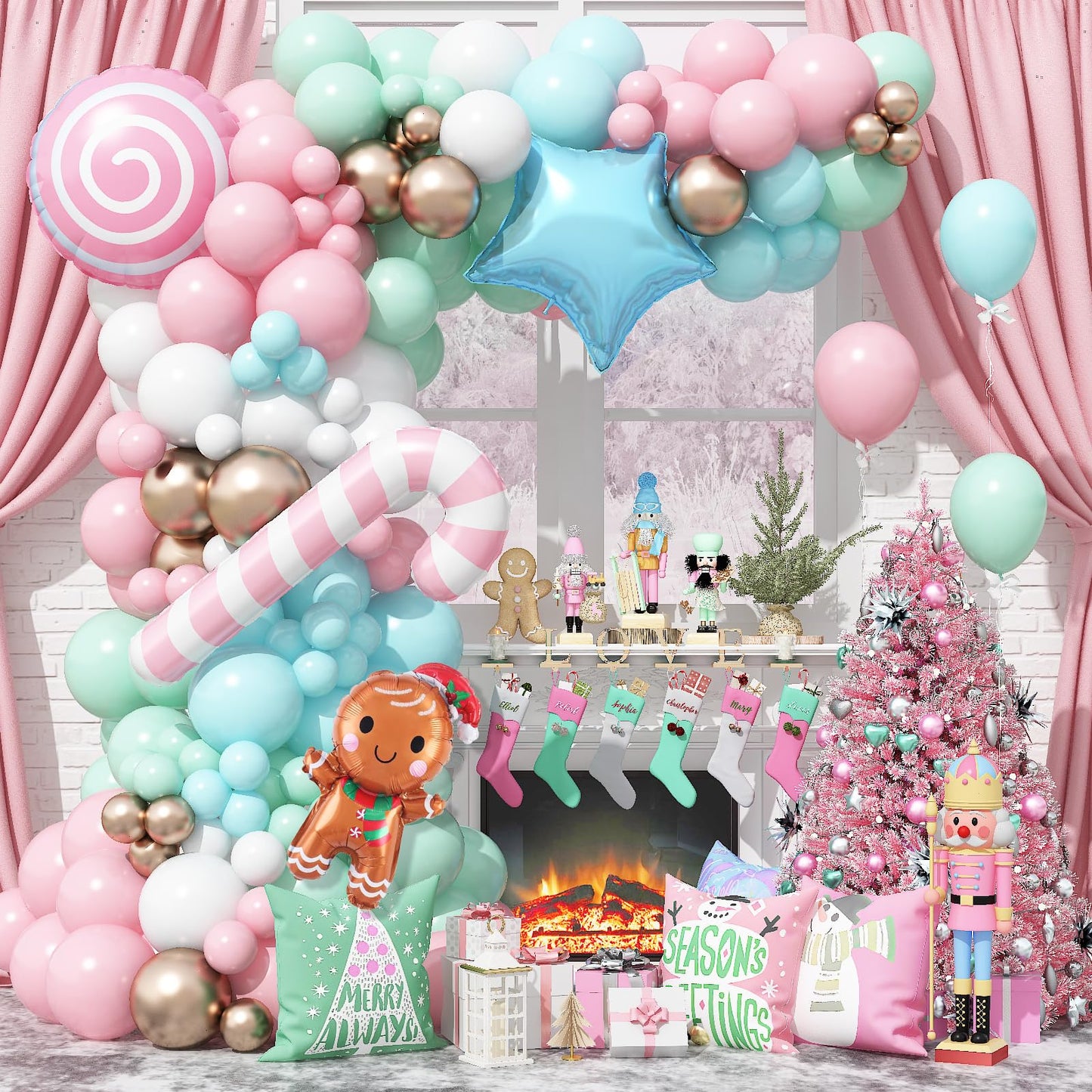 Christmas Balloon Garland Arch Kit, Nutcracker Balloon Pastel Pink Green Balloons Candy Cane Reindeer Peppermint Foil Balloons for Candyland Christmas Party Decorations Xmas Birthday Holiday Party