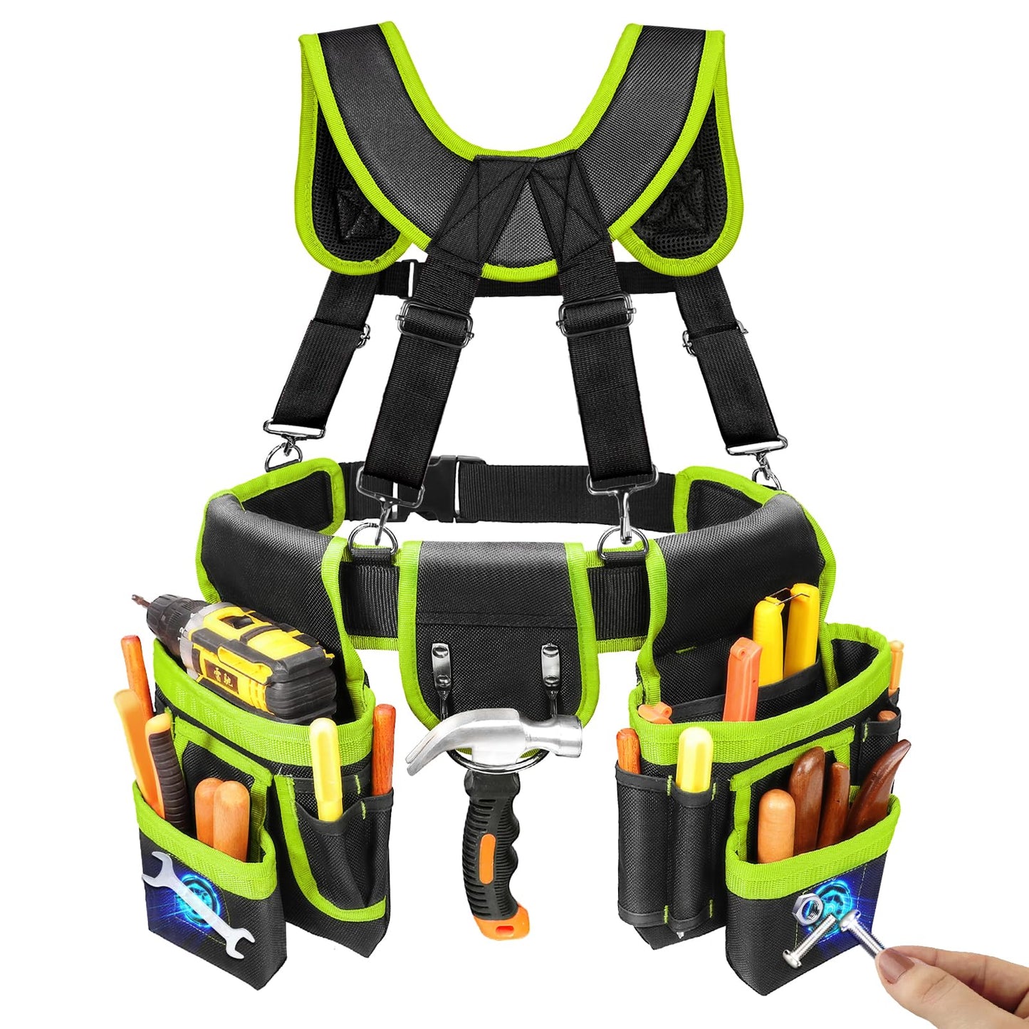 Tool Belt, Professional Tool Belts for Men, Magnetic Tool Pouch With Suspenders, Heavy Duty Detachable Adjustable Utility Belt Work Bags for Electrician, Carpenter (Black and Green, 32"-66")