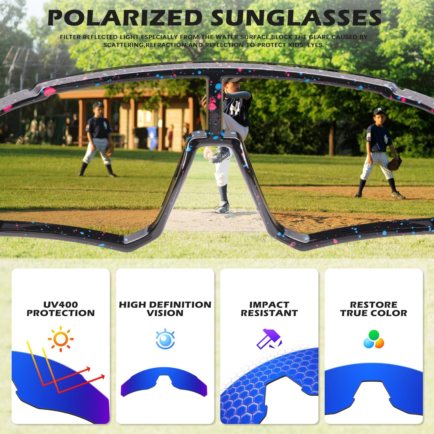 DioKiw 3PACK Kids Sunglasses Polarized Youth Baseball Sunglasses Boys Girls Softball Cycling UV400 Protection Goggles