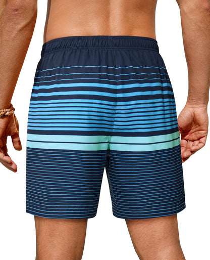 Gleeease Mens Swim Trunks 7 Inch Mens Bathing Suit with Mesh Liner 7 Inch Stretch Quick Dry Lined Pockets Drawstring Funny Beach Swimming Pool Surf Holiday Striped Large Swim Trunks