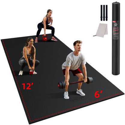 Large Exercise Mat for Home Workout,12‘x6’/10'x6'/9'x6'/8'x6'/7'x5'/6'x4' (7mm) Extra Thick Workout Mat, High-Density Gym Mat for Cardio, Jump Rope, MMA, Weights (Shoe-Friendly)