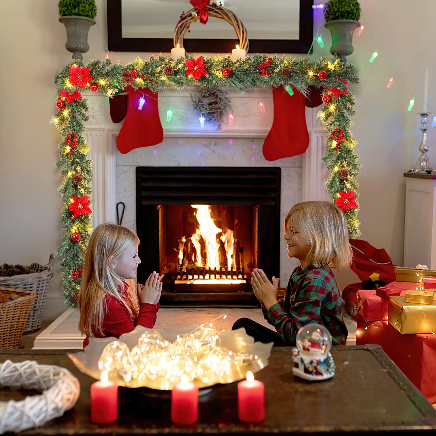 Adeeing Prelit Christmas Garland with 20 LED Lights - Red Poinsettia Flowers, Berries and Pine Cones - 6FT Lighted Garland for Mantle & Outdoor Decoration