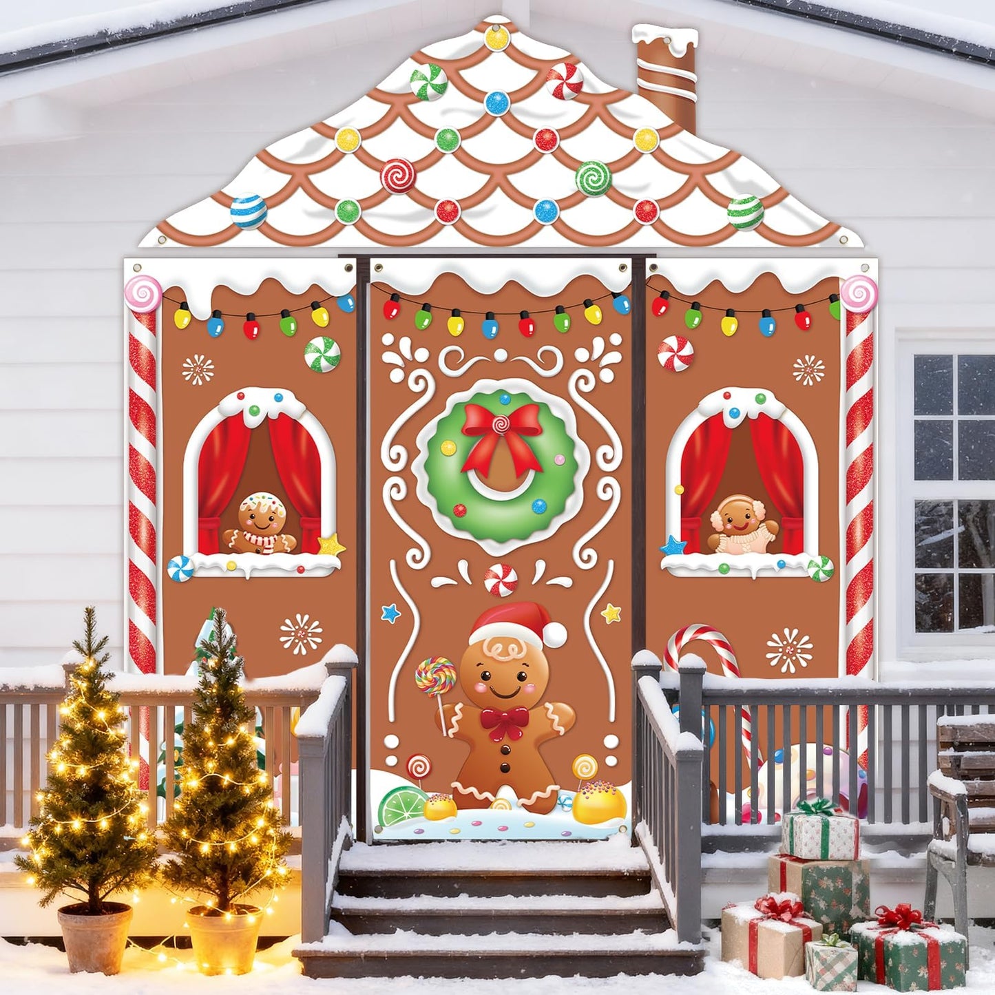 4pcs Gingerbread House Door Cover Decorations, Christmas Gingerbread Door Banner Backdrop for Christmas Holiday Party Decor, 110.24 * 98.43 in