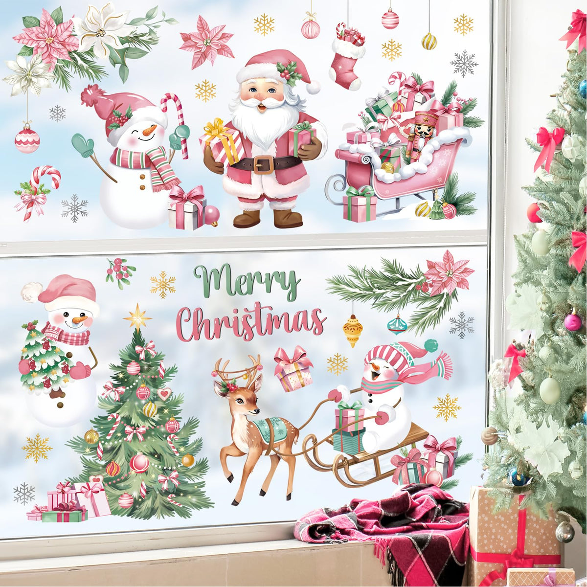 decalmile Christmas Pink Snowman Santa Claus Window Clings Reusable Reindeer Xmas Tree Elk Window Decals Double Side Printed Window Stickers Glass Home Party Supplies Gift Shop Decoration