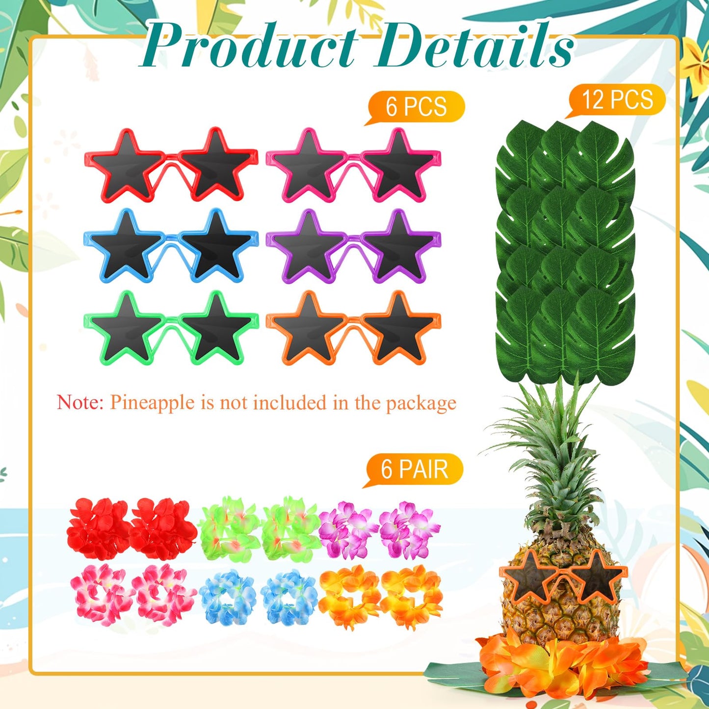 Rotatingpals 6 Sets Pineapple Table Centerpieces Hawaiian Party Sunglasses Luau Table Decorations Tropical Decor for Beach Summer Party(Star)
